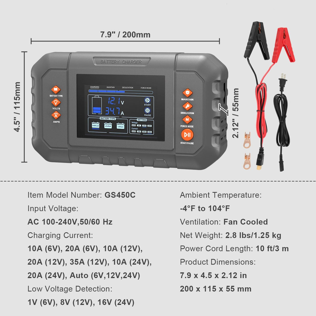 Smart Battery Charger, 35-Amp, Lithium LiFePO4 Lead-Acid (AGM / Gel / SLA) Car Battery Charger with LCD Display, Trickle Charger Maintainer Desulfator for Boat Motorcycle Lawn Mower Deep Cycle