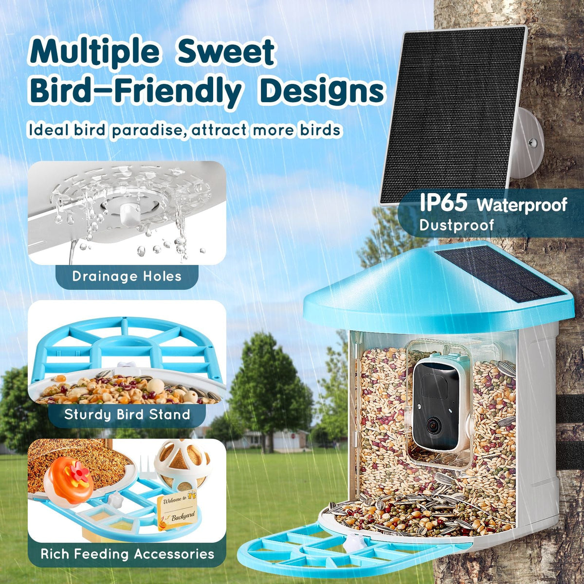 Smart Bird Feeder with Camera, 2K HD AI Identify 10000+ Bird Species, Solar-Powered Bird Watching Camera with Auto Capture & Instant Notify, Wireless Outdoor Gift for Bird Lover (3 Solar Panels)