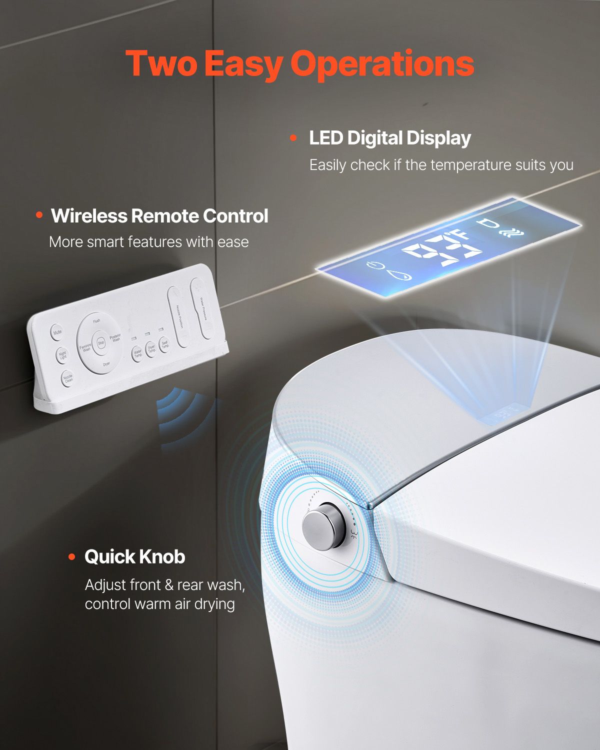 Smart Toilet, Air Drying, Elongated Smart Toilet with Heated Seat, Clean Nozzle and Auto Freshening System, Easy Operated Toilet with Remote Control & LED Digital Display, Fits for Bathrooms