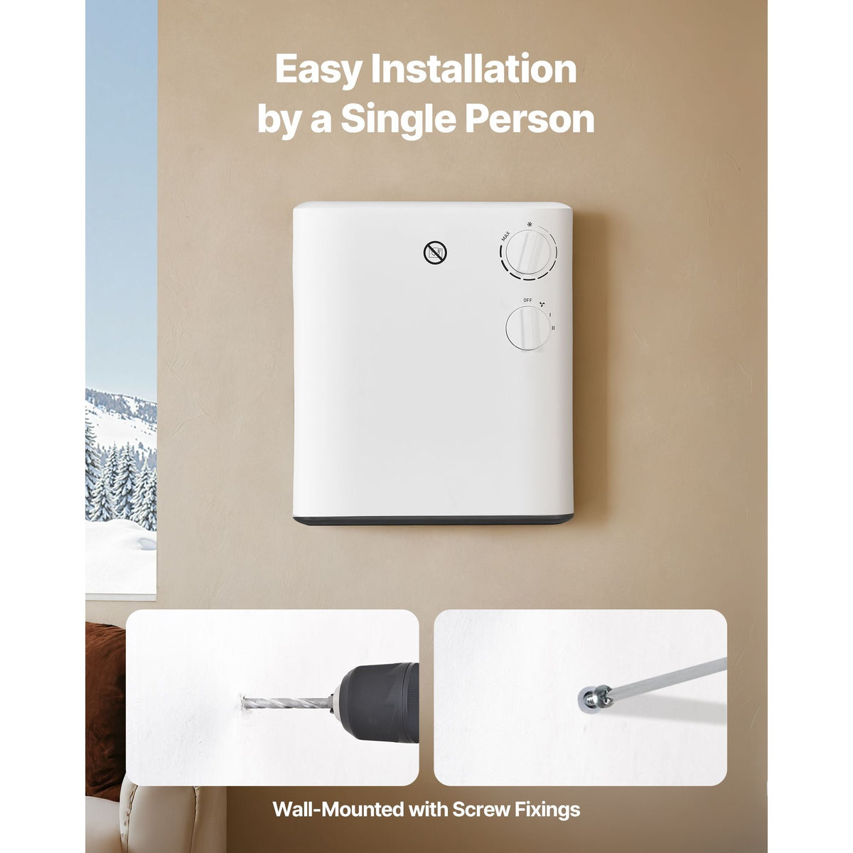 Smart Wall Heater, 1500W Electric Wall Mounted Heater with Knob Adjustment, 3 Modes, Portable Design with Anti-Tipping and Overheat Protection, for Bedroom, Living Room, Office, Bathroom, White