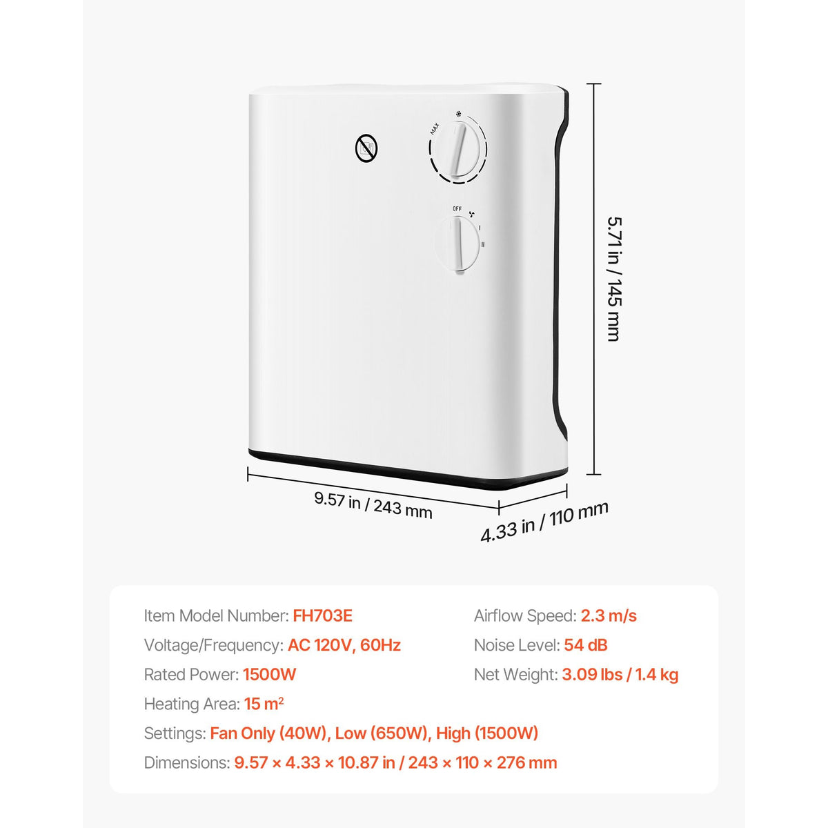 Smart Wall Heater, 1500W Electric Wall Mounted Heater with Knob Adjustment, 3 Modes, Portable Design with Anti-Tipping and Overheat Protection, for Bedroom, Living Room, Office, Bathroom, White