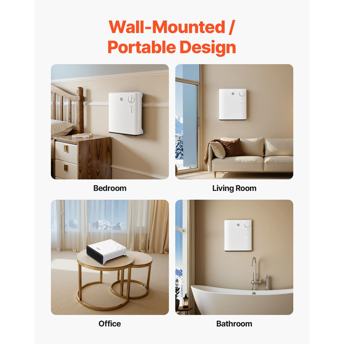 Smart Wall Heater, 1500W Electric Wall Mounted Heater with Knob Adjustment, 3 Modes, Portable Design with Anti-Tipping and Overheat Protection, for Bedroom, Living Room, Office, Bathroom, White