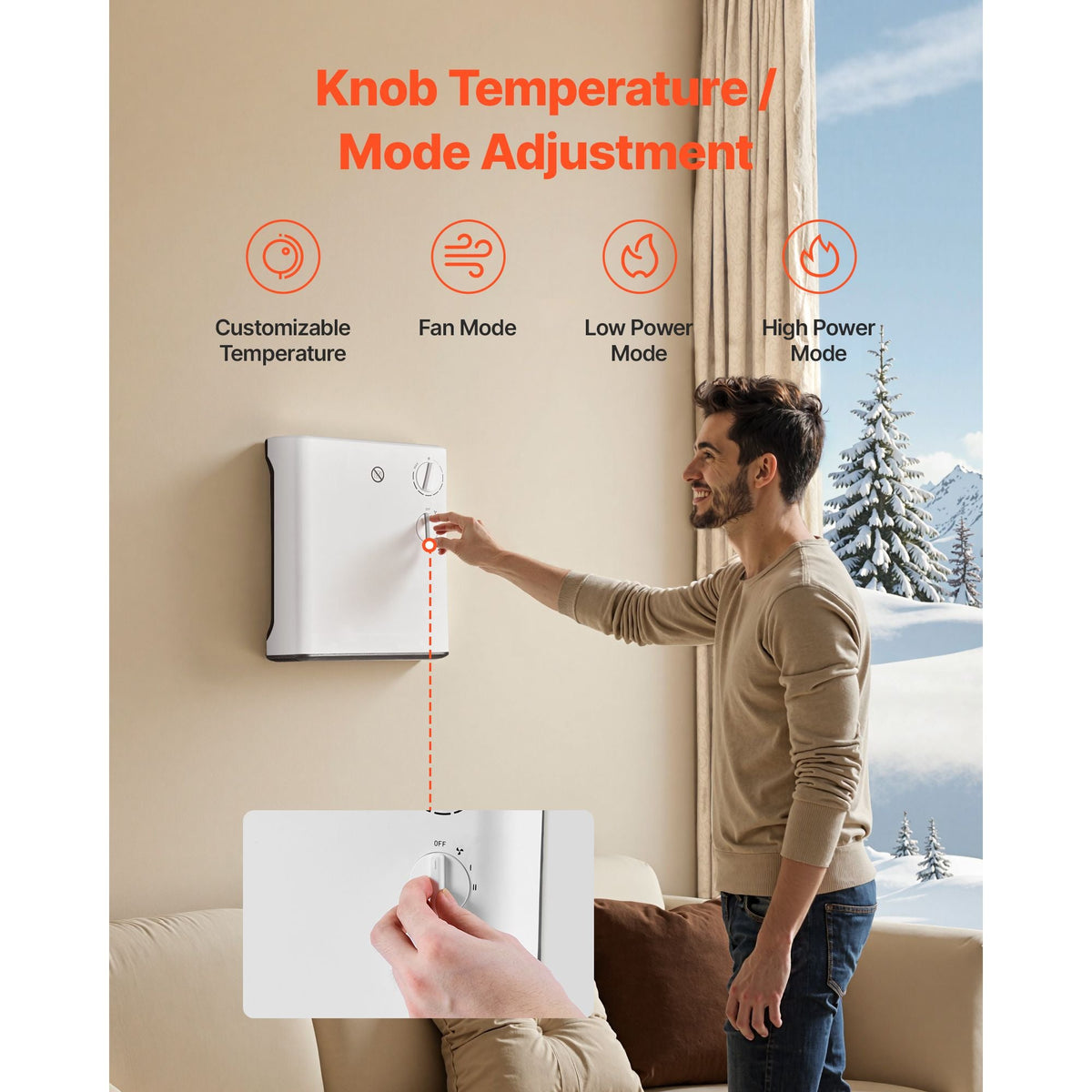 Smart Wall Heater, 1500W Electric Wall Mounted Heater with Knob Adjustment, 3 Modes, Portable Design with Anti-Tipping and Overheat Protection, for Bedroom, Living Room, Office, Bathroom, White