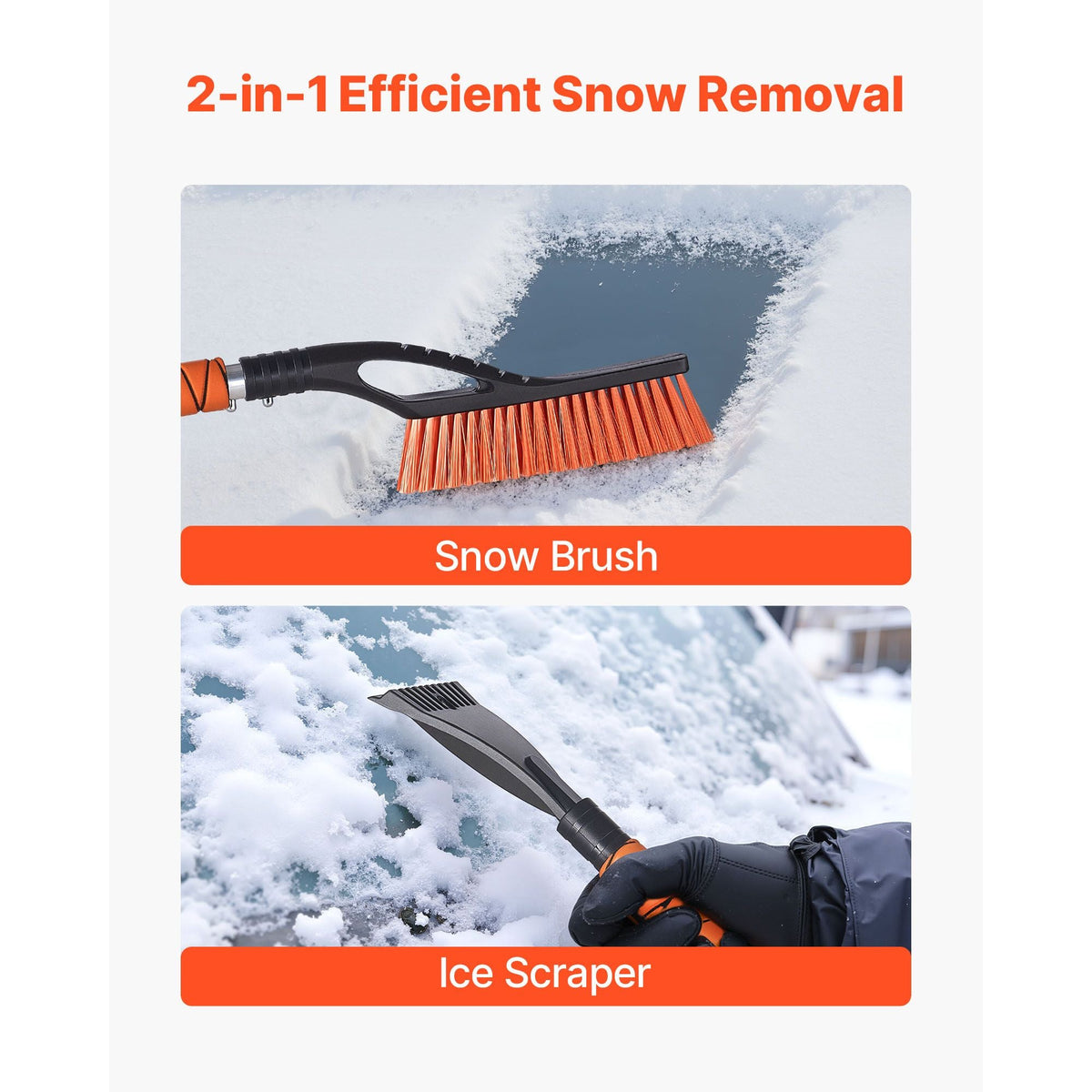 Snow Brush and Ice Scrapers for Car Windshield, 27-inch Aluminum Snow Scraper Removal Tool with Foam Grip & Scratch-Free Bristles, Detachable and Easy-to-Carry for Cars, Trucks, SUVs, RVs