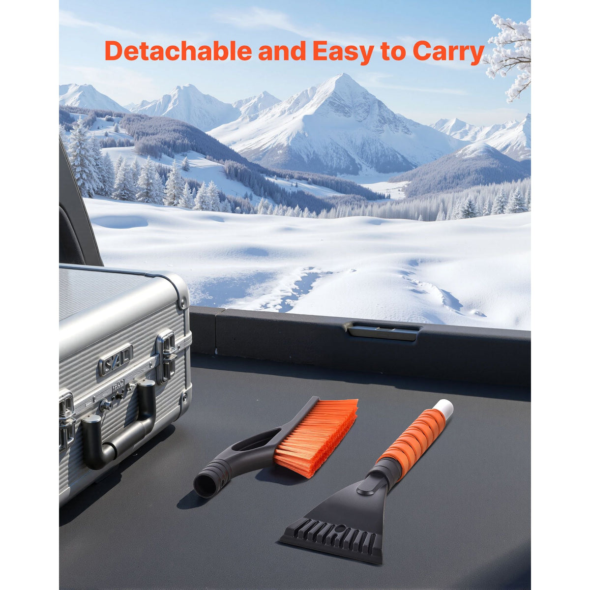 Snow Brush and Ice Scrapers for Car Windshield, 27-inch Aluminum Snow Scraper Removal Tool with Foam Grip & Scratch-Free Bristles, Detachable and Easy-to-Carry for Cars, Trucks, SUVs, RVs