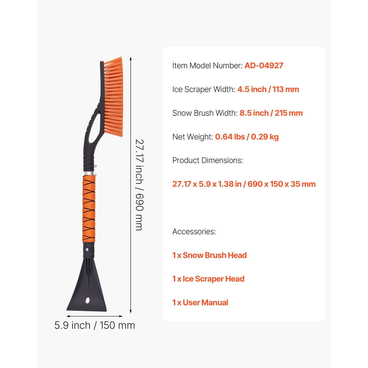 Snow Brush and Ice Scrapers for Car Windshield, 27-inch Aluminum Snow Scraper Removal Tool with Foam Grip & Scratch-Free Bristles, Detachable and Easy-to-Carry for Cars, Trucks, SUVs, RVs