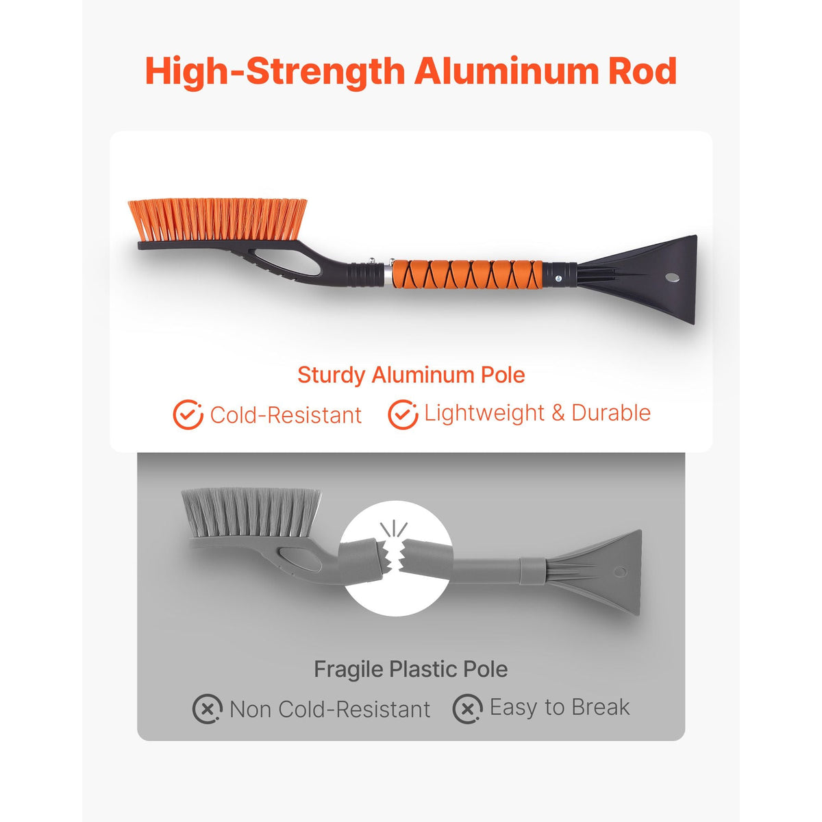 Snow Brush and Ice Scrapers for Car Windshield, 27-inch Aluminum Snow Scraper Removal Tool with Foam Grip & Scratch-Free Bristles, Detachable and Easy-to-Carry for Cars, Trucks, SUVs, RVs