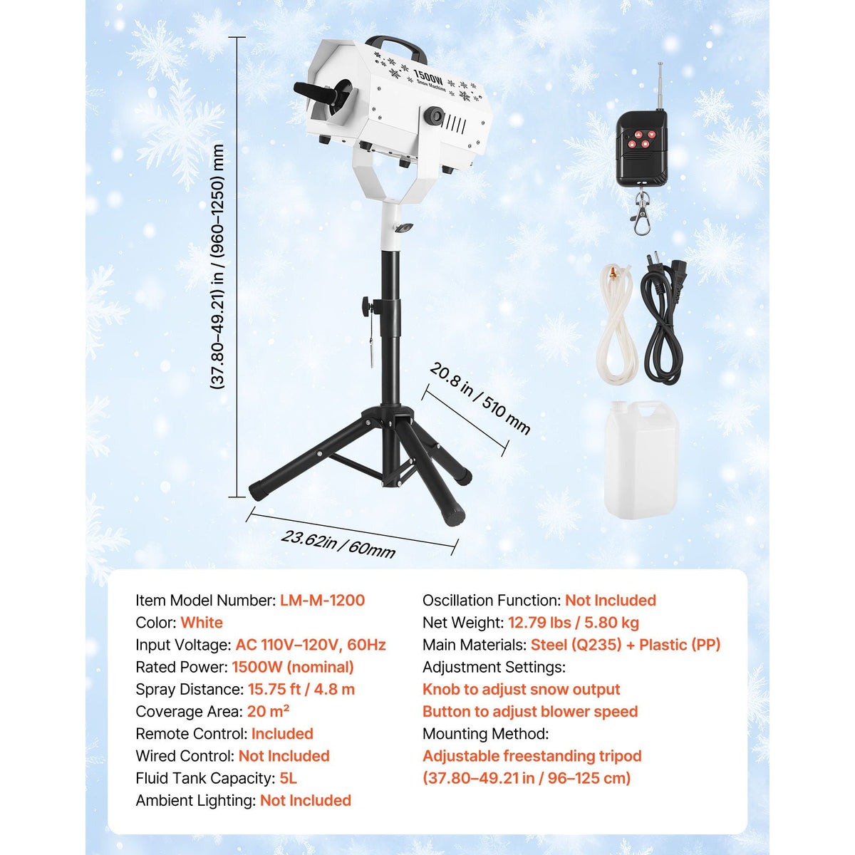Snow Machine 1200W Snow Making Machine with Height Adjustable Stand