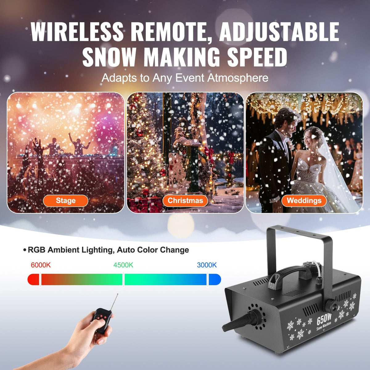 Snow Machine, 650W Wireless Remote Control Snow Maker Machine with 1L Tank High Output Portable Premium Artificial Snowflake Machines for Christmas Holidays Parties Wedding Stage Effect