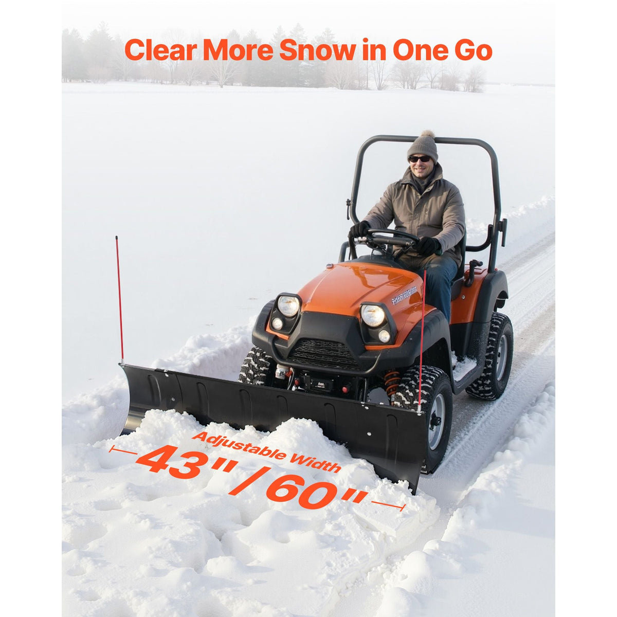 Snow Plow Blade, 43 in/60 in Width Adjustable Snow Plow Kit, Easy to Detach, Universal Mount Plowing Attachment with Rubber Flaps, Heavy Duty Steel Blade, Compatible with Most UTV & ATV