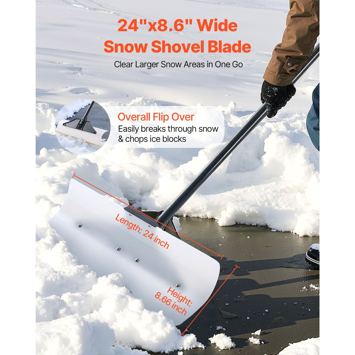 Snow Pusher Shovel, 24 in Wide Outdoor Snowplow Shovel with Ergonomic Grip, HDPE Plastic Blade, Winter Shovels with Segmented Handle, Portable Snow Removal Tool for Driveway Garden Camping