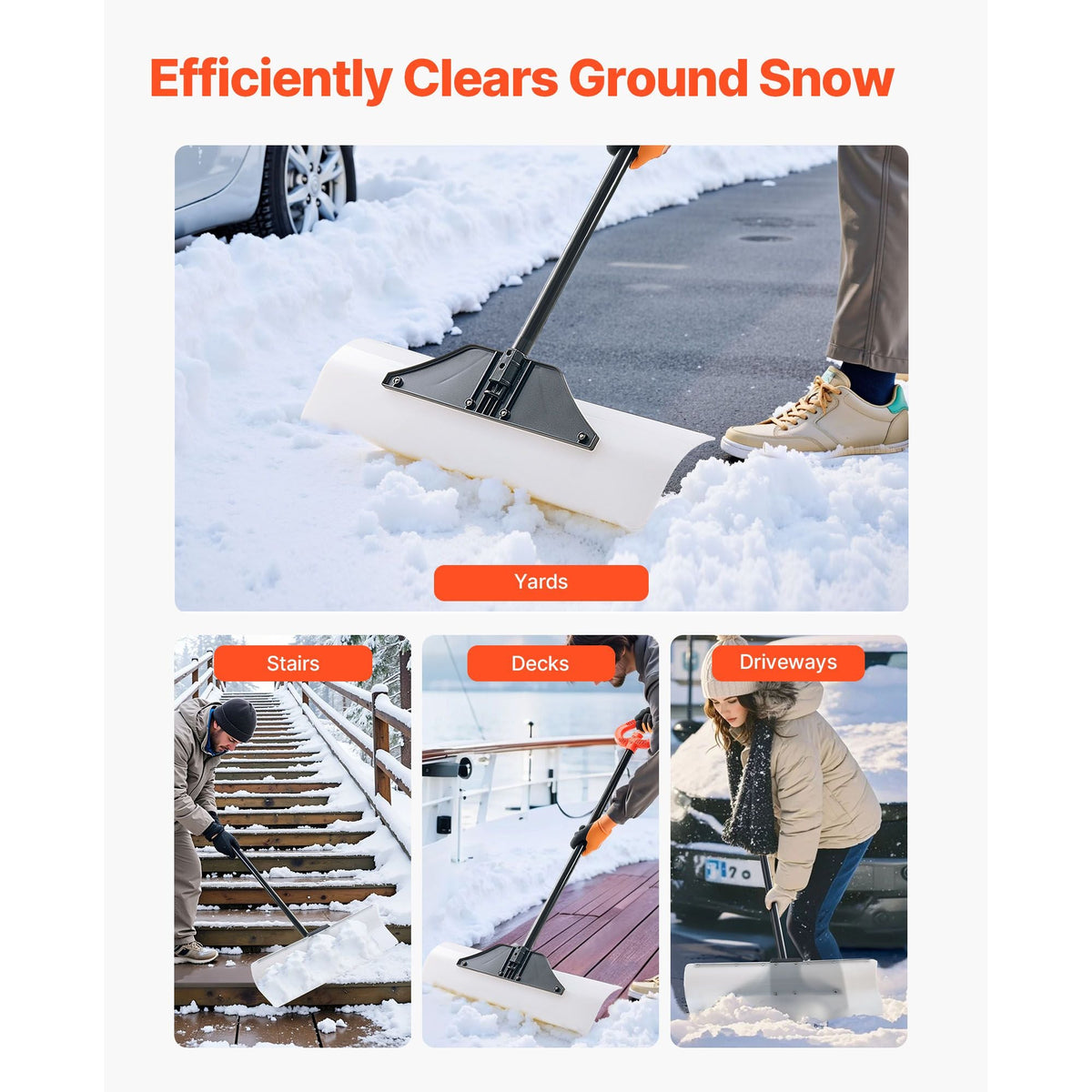 Snow Pusher Shovel, 30 in Outdoor Snowplow Shovel with Ergonomic Grip, HDPE Plastic Blade, Winter Shovels with Segmented Handle, Metal Edged Strip, Portable Snow Removal Tool for Driveway Garden
