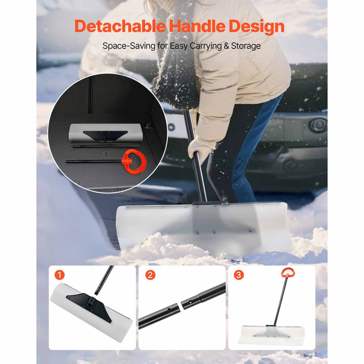 Snow Pusher Shovel, 30 in Outdoor Snowplow Shovel with Ergonomic Grip, HDPE Plastic Blade, Winter Shovels with Segmented Handle, Metal Edged Strip, Portable Snow Removal Tool for Driveway Garden