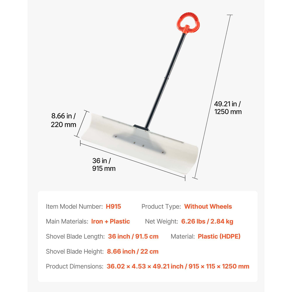 Snow Pusher Shovel, 36 in Outdoor Snowplow Shovel with Ergonomic Grip, HDPE Plastic Blade, Winter Shovels with Segmented Handle, Metal Edged Strip, Portable Snow Removal Tool for Driveway Garden