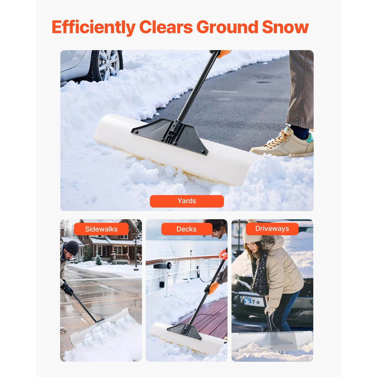 Snow Pusher Shovel, 36 in Outdoor Snowplow Shovel with Ergonomic Grip, HDPE Plastic Blade, Winter Shovels with Segmented Handle, Metal Edged Strip, Portable Snow Removal Tool for Driveway Garden