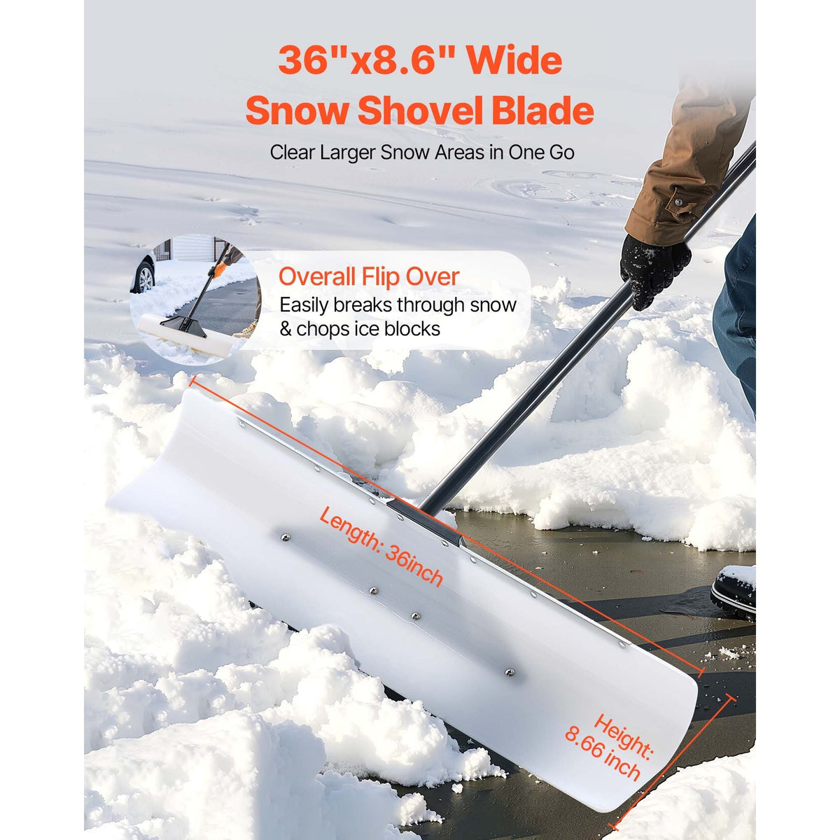 Snow Pusher Shovel, 36 in Outdoor Snowplow Shovel with Ergonomic Grip, HDPE Plastic Blade, Winter Shovels with Segmented Handle, Metal Edged Strip, Portable Snow Removal Tool for Driveway Garden