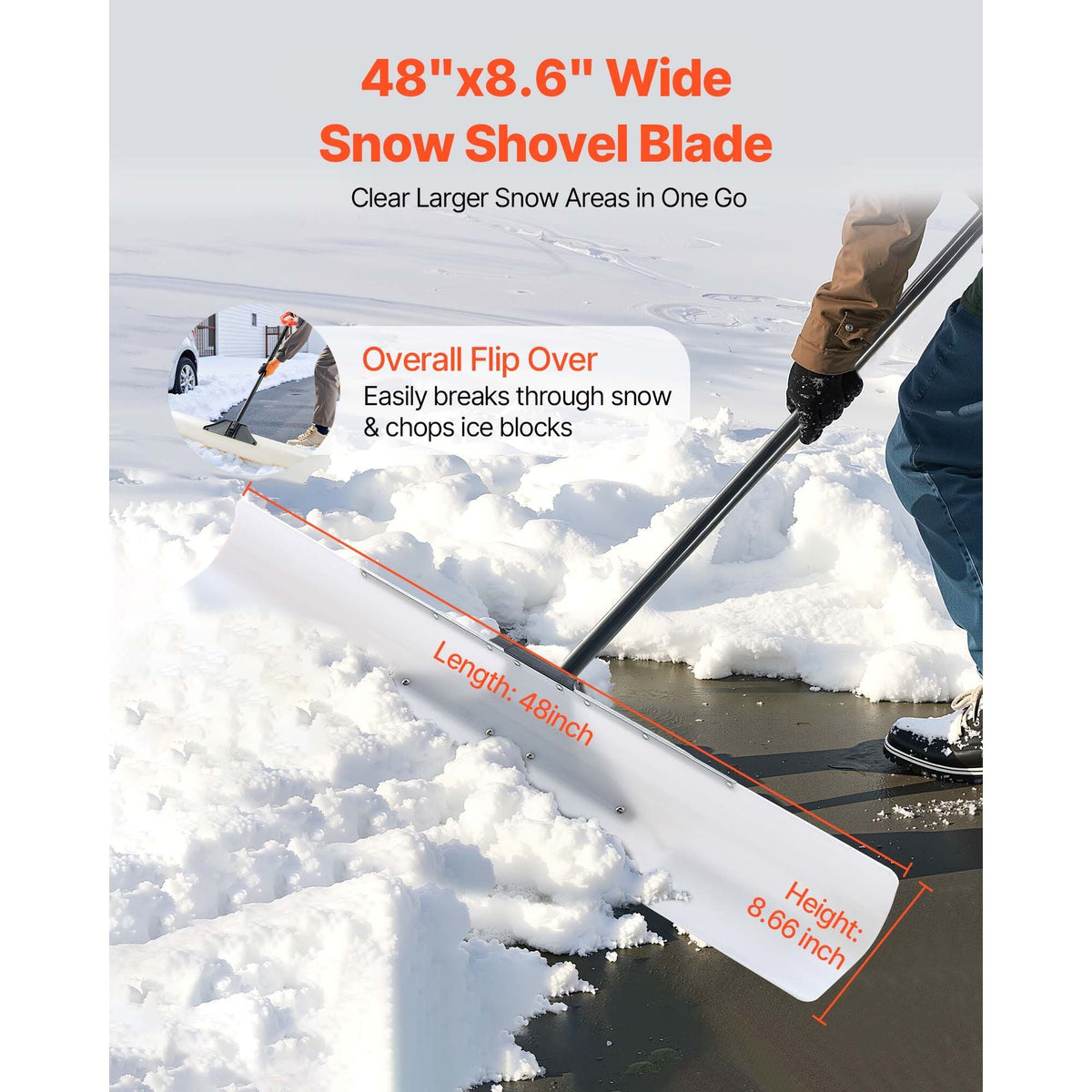 Snow Pusher Shovel, 48 in Outdoor Snowplow Shovel with Ergonomic Grip, HDPE Plastic Blade, Winter Shovels with Segmented Handle, Metal Edged Strip, Portable Snow Removal Tool for Driveway Garden