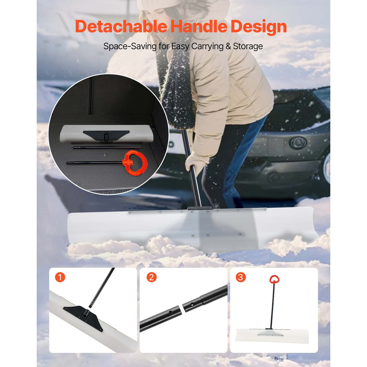 Snow Pusher Shovel, 48 in Outdoor Snowplow Shovel with Ergonomic Grip, HDPE Plastic Blade, Winter Shovels with Segmented Handle, Metal Edged Strip, Portable Snow Removal Tool for Driveway Garden