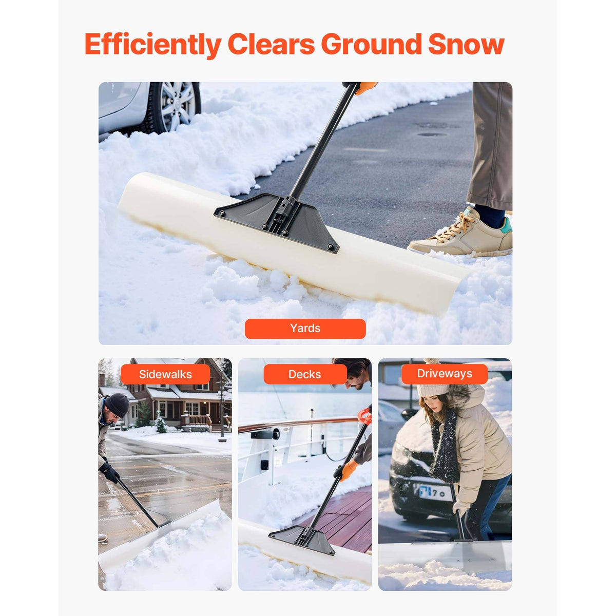 Snow Pusher Shovel, 48 in Outdoor Snowplow Shovel with Ergonomic Grip, HDPE Plastic Blade, Winter Shovels with Segmented Handle, Metal Edged Strip, Portable Snow Removal Tool for Driveway Garden