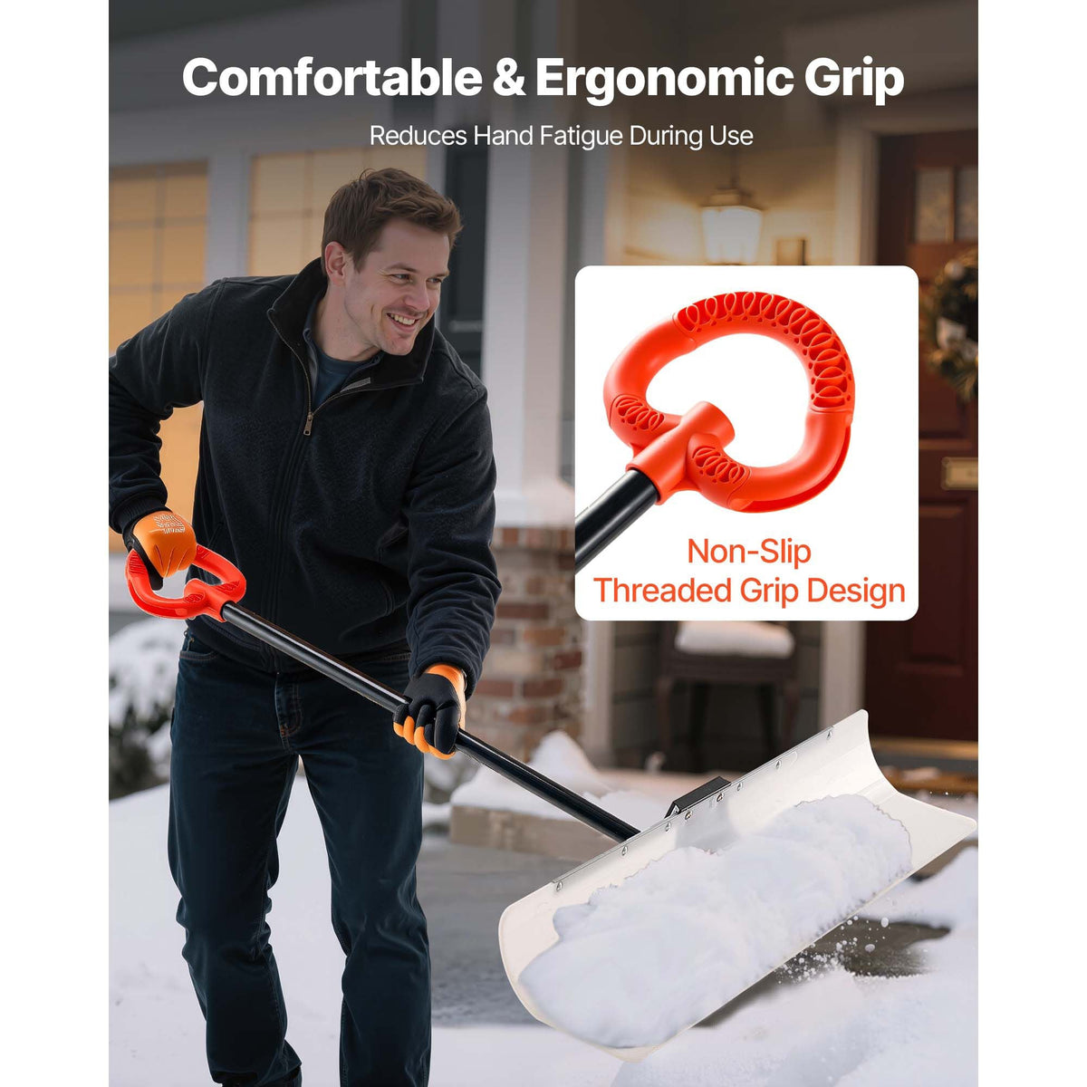 Snow Pusher Shovel, 48 in Outdoor Snowplow Shovel with Ergonomic Grip, HDPE Plastic Blade, Winter Shovels with Segmented Handle, Metal Edged Strip, Portable Snow Removal Tool for Driveway Garden