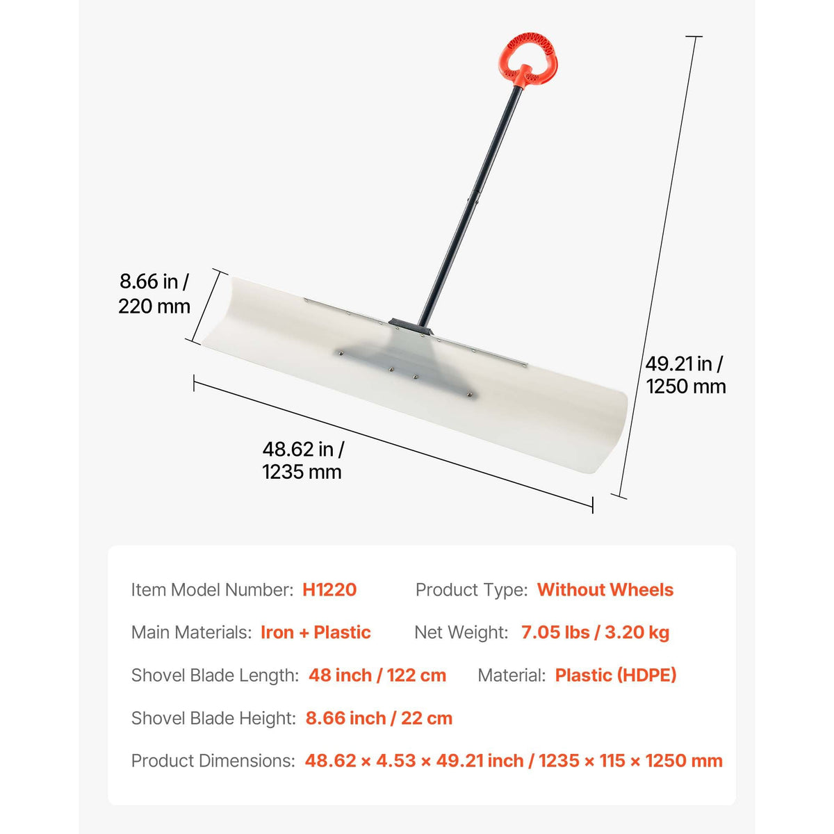Snow Pusher Shovel, 48 in Outdoor Snowplow Shovel with Ergonomic Grip, HDPE Plastic Blade, Winter Shovels with Segmented Handle, Metal Edged Strip, Portable Snow Removal Tool for Driveway Garden