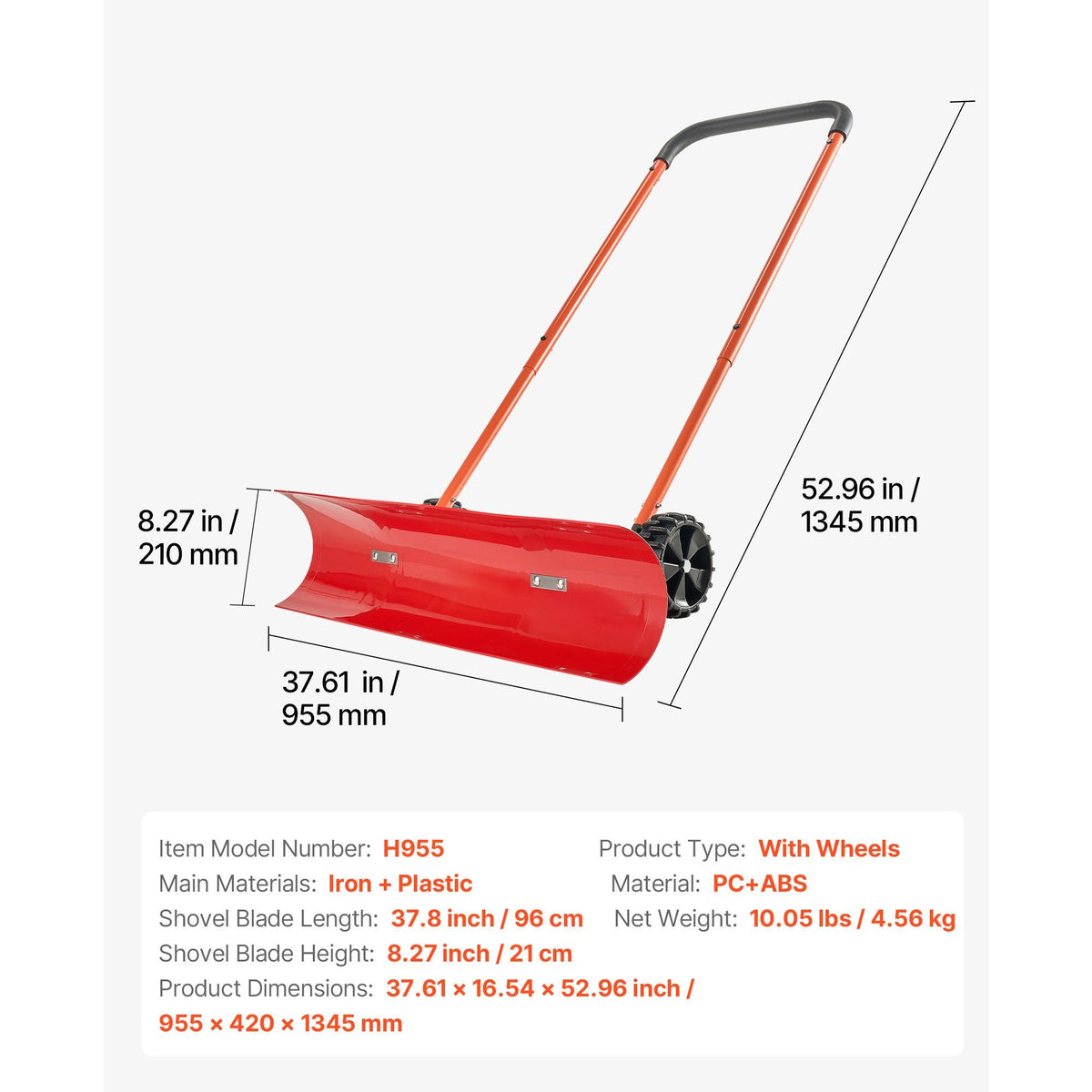 Snow Pusher Shovel with Wheels, 37.8 in Wheeled Snowplow Shovel with Bi-Directional Angled Blade & 90° Adjustable Handle, Durable Plastic Winter Shovels, Portable Snow Removal Tool for Driveway