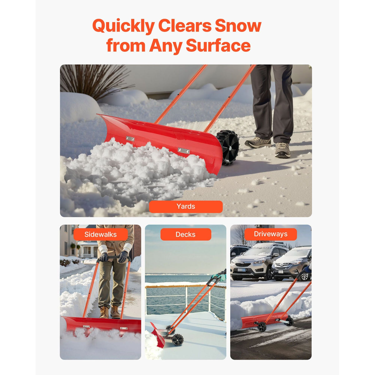 Snow Pusher Shovel with Wheels, 37.8 in Wheeled Snowplow Shovel with Bi-Directional Angled Blade & 90° Adjustable Handle, Durable Plastic Winter Shovels, Portable Snow Removal Tool for Driveway
