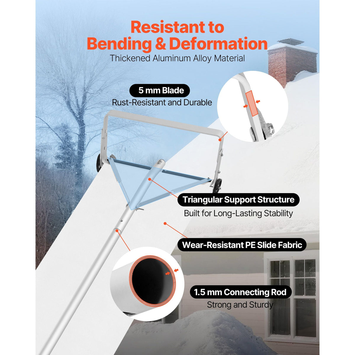 Snow Roof Rake, 18.5 in Aluminum Blade, 5.2-30 ft Adjustable Roof Snow Scraper with Wheels & Slide, , Lightweight Snows Removal Tool for House Rooftop Leaves Debris Clearing