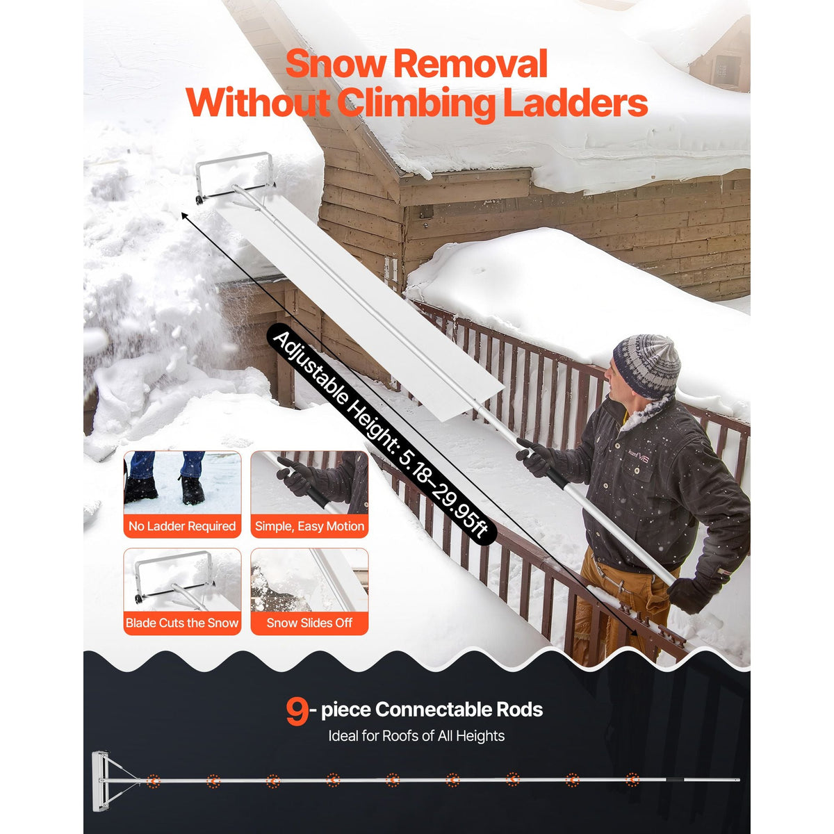 Snow Roof Rake, 18.5 in Aluminum Blade, 5.2-30 ft Adjustable Roof Snow Scraper with Wheels & Slide, , Lightweight Snows Removal Tool for House Rooftop Leaves Debris Clearing
