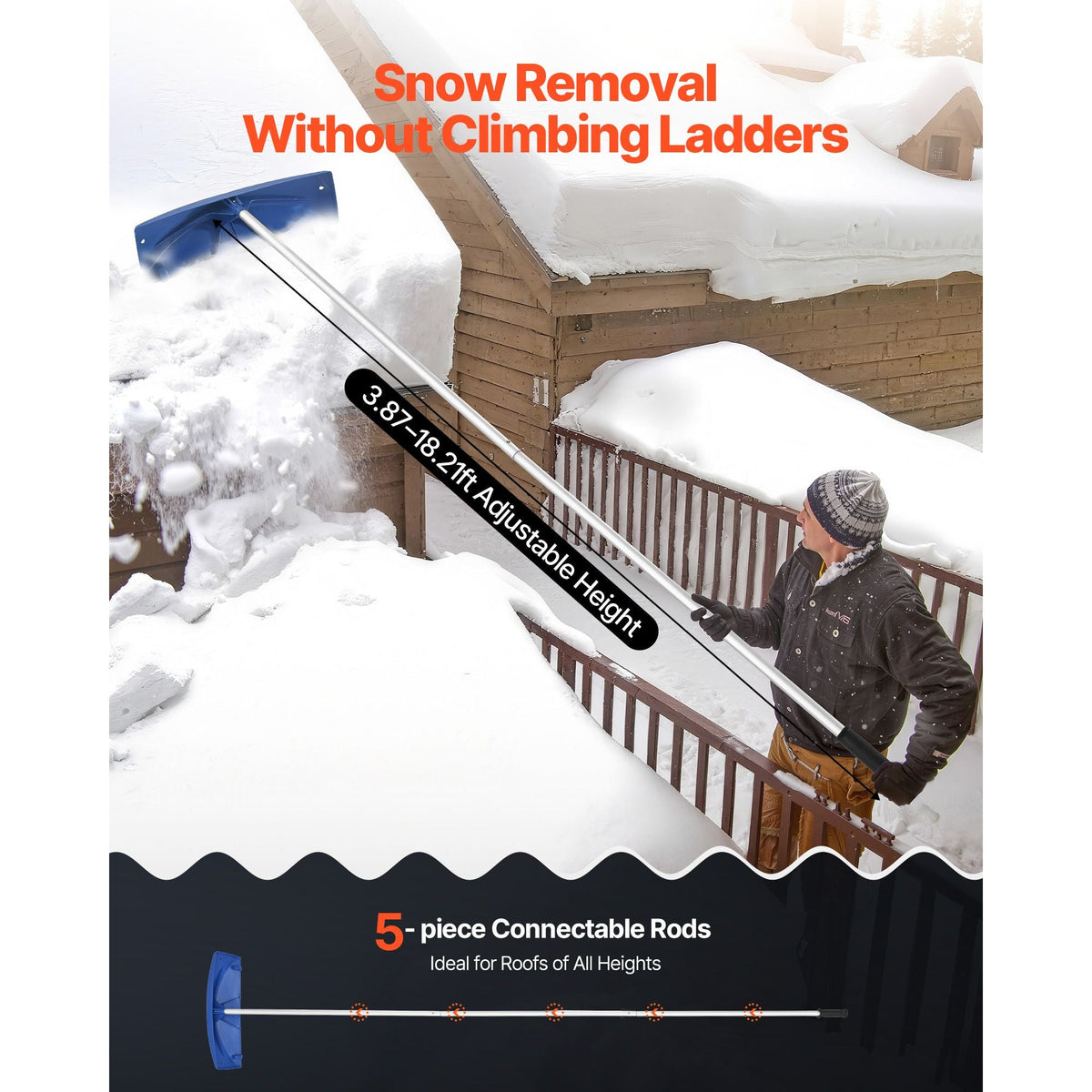 Snow Roof Rake, 24 in PP Plastic Blade, 3.8-18.2 ft Adjustable Roof Snow Scraper with Wheels, Anti-Slip Handle Snows Removal Tool, Lightweight House Rooftop Rake for Leaves Debris Removal