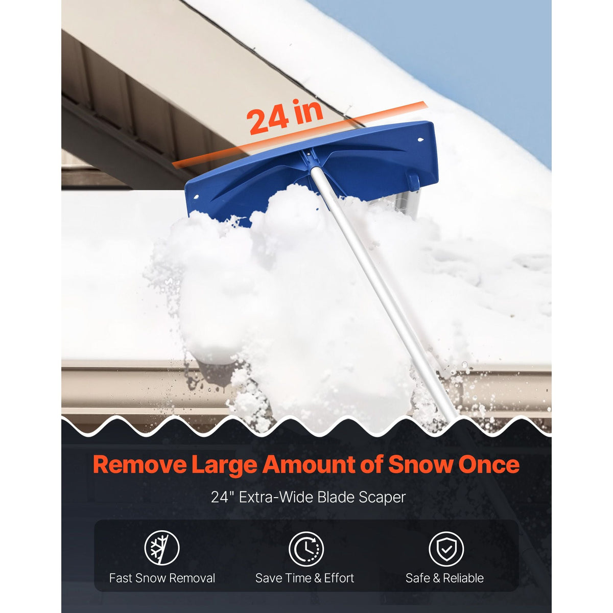 Snow Roof Rake, 24 in PP Plastic Blade, 3.8-18.2 ft Adjustable Roof Snow Scraper with Wheels, Anti-Slip Handle Snows Removal Tool, Lightweight House Rooftop Rake for Leaves Debris Removal