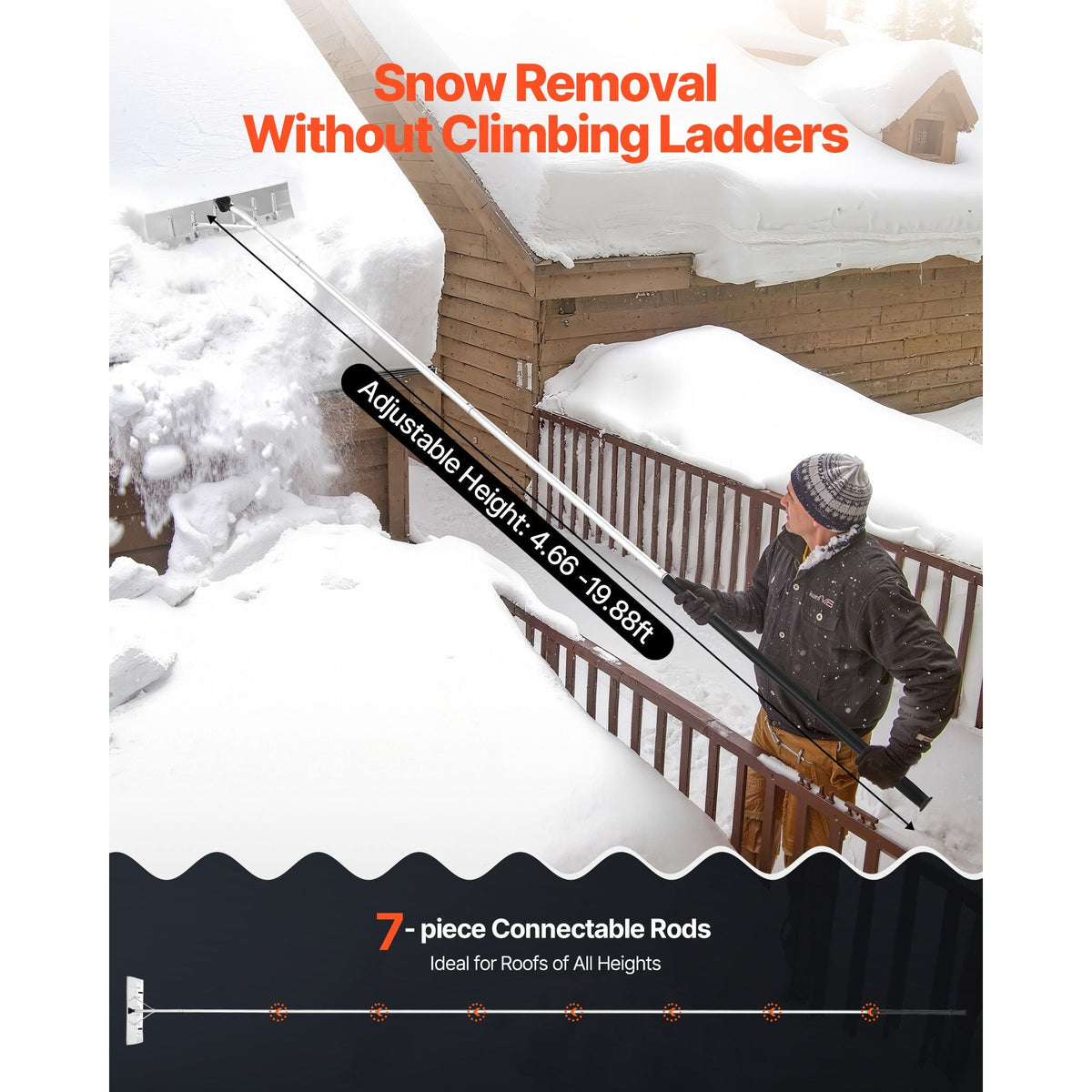 Snow Roof Rake, 26 in Aluminum Blade, 7.5-20 ft Adjustable Roof Snow Scraper with Wheels, Anti-Slip Handle Snows Removal Tool, Lightweight House Rooftop Rake for Leaves Debris Removal