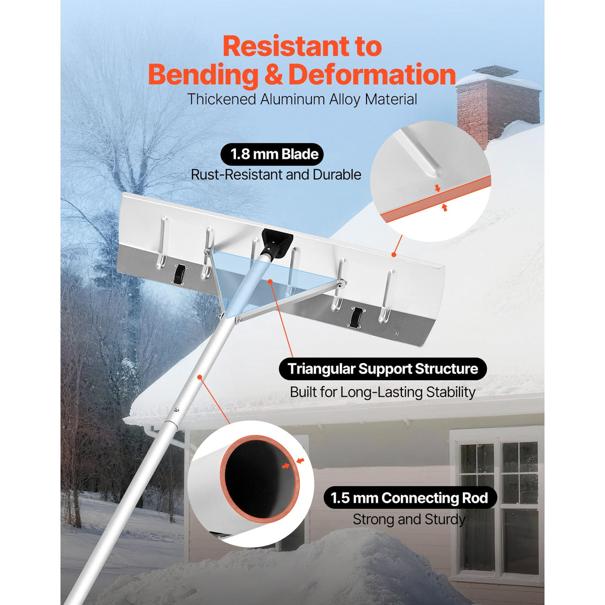 Snow Roof Rake, 26 in Aluminum Blade, 7.5-20 ft Adjustable Roof Snow Scraper with Wheels, Anti-Slip Handle Snows Removal Tool, Lightweight House Rooftop Rake for Leaves Debris Removal