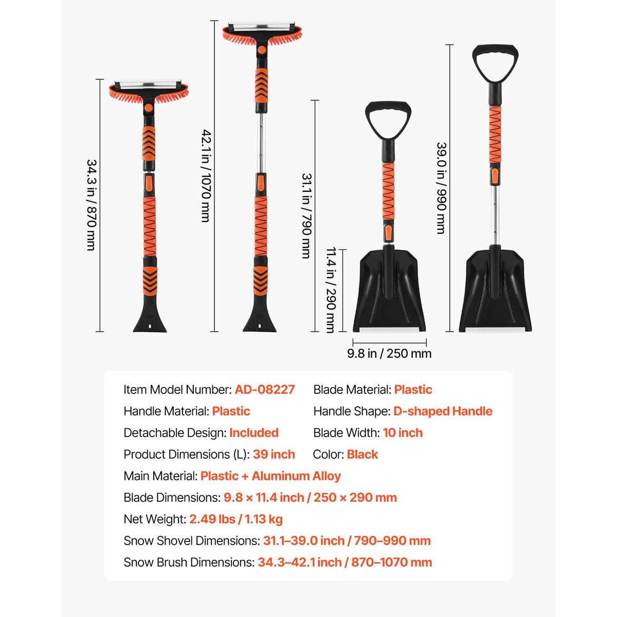 Snow Shovel and Snow Brush, 42 in Extendable Snows Broom & Ice Scraper with 180° Pivoting Brush Head, Non-Slip Grip, Portable Winter Snows Removal Tools for Cars Trucks SUVs Vehicle