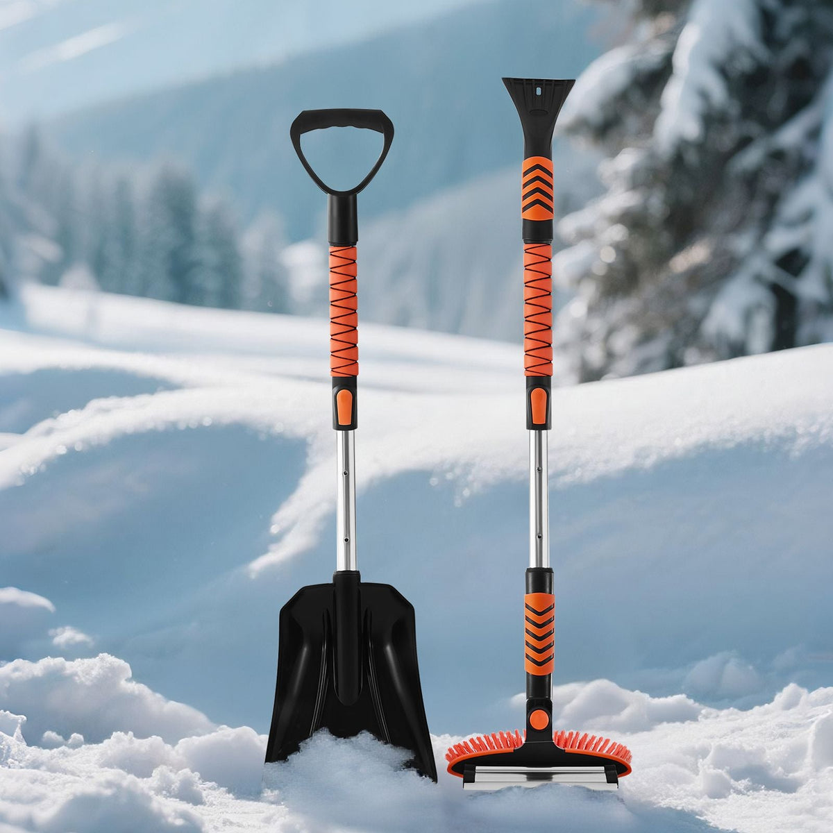 Snow Shovel and Snow Brush, 42 in Extendable Snows Broom & Ice Scraper with 180° Pivoting Brush Head, Non-Slip Grip, Portable Winter Snows Removal Tools for Cars Trucks SUVs Vehicle