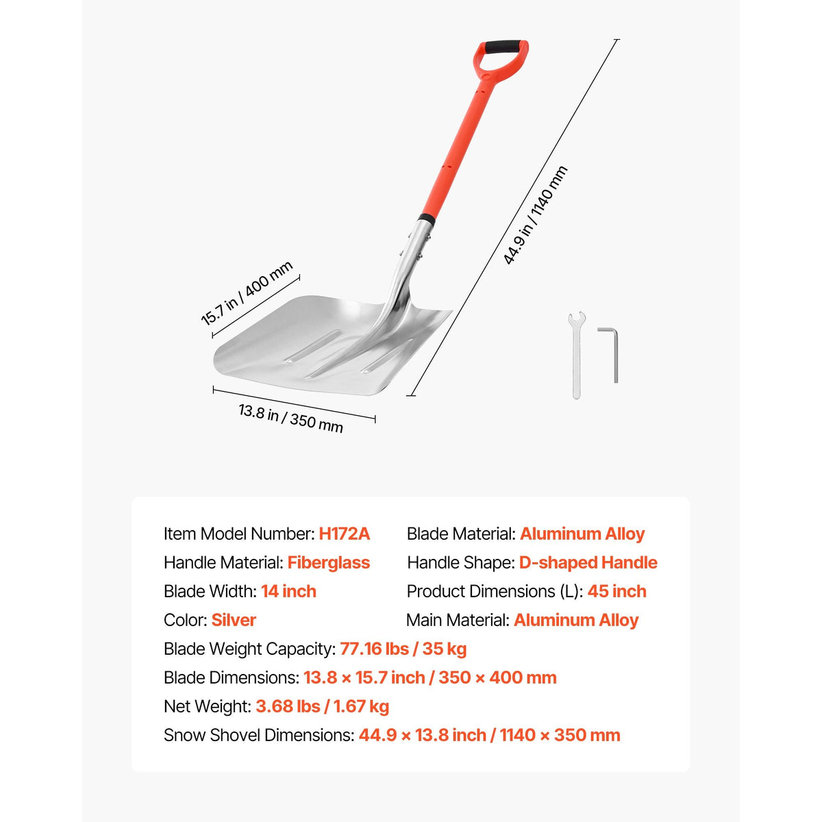 Snow Shovel for Driveway, 14 in Wide Aluminum Alloy Snow Shovel with D-shaped Handles, Large Capacity Snowplow Shovels, Lightweight Snows Removal Tool for Garden Car Camping