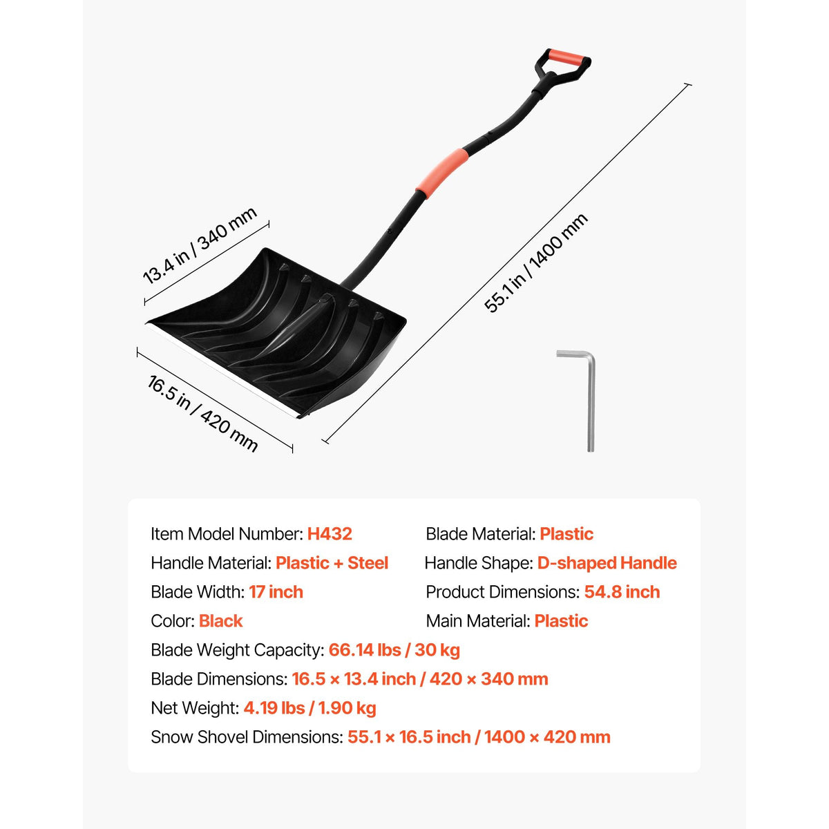 Snow Shovel for Driveway, 17 in Wide Plastic Snow Shovel with D-shaped Handles & Aluminum Blade, Large Capacity Snowplow Shovels, Lightweight Snows Removal Tool for Garden Car Camping