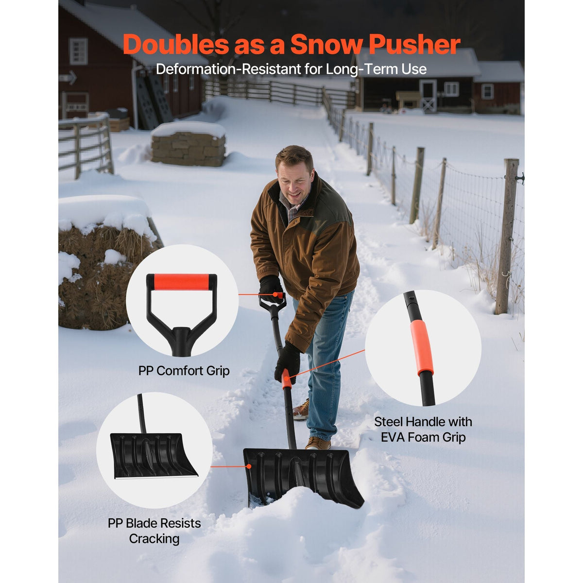 Snow Shovel for Driveway, 17 in Wide Plastic Snow Shovel with D-shaped Handles & Aluminum Blade, Large Capacity Snowplow Shovels, Lightweight Snows Removal Tool for Garden Car Camping