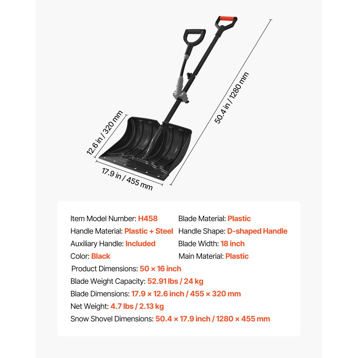 Snow Shovel for Driveway, 18 in Wide Plastic Snow Shovel with Assist D-shaped Handles, Non Slip Grip, Large Capacity Snowplow Shovels, Lightweight Snows Removal Tool for Garden Car Camping