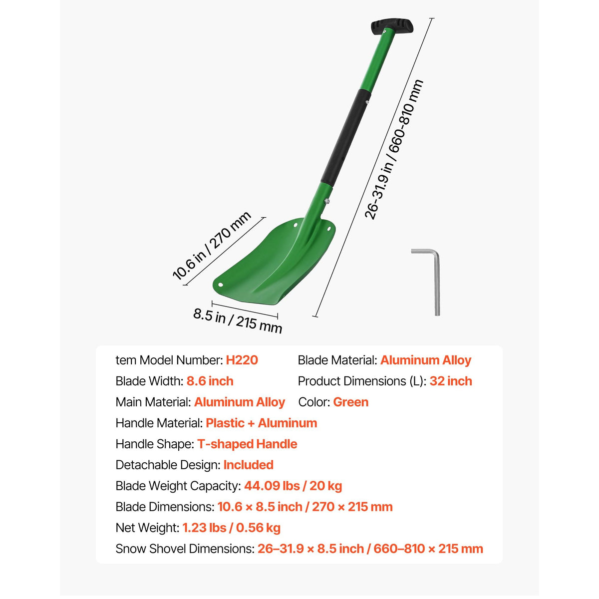 Snow Shovel for Driveway, 8.5 in Wide Aluminum Alloy Snow Shovel with T-shaped Handles, Large Capacity Snowplow Shovels, Portable & Lightweight Snows Removal Tool for Garden Car Camping
