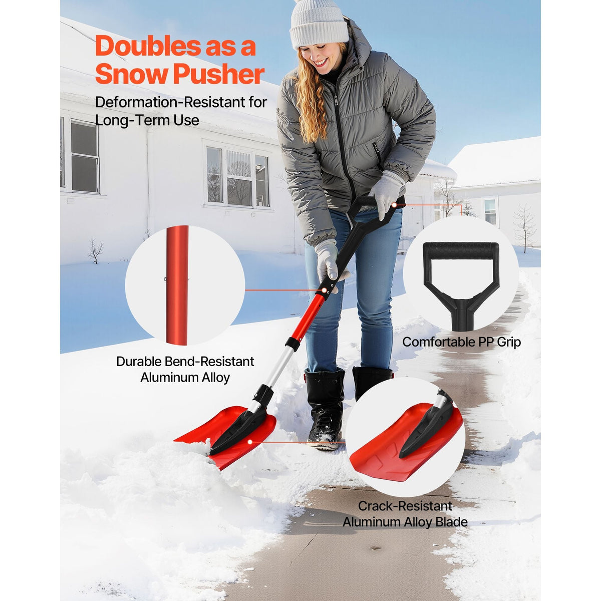 Snow Shovel for Driveway, 9 in Foldable Snow Shovel with D-shaped Handle, , 36-40 in Adjustable, Lightweight Aluminum Alloy Snows Removal Tool, Reduce Back Strains for Garden Car Camping