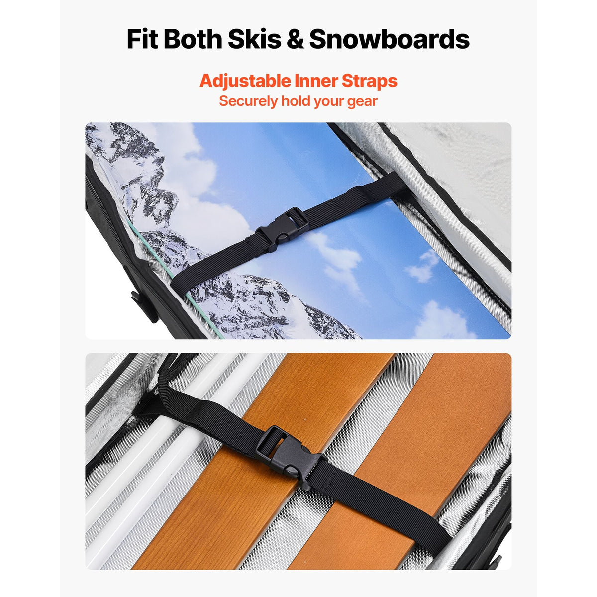 Snowboard Bag, Up to 65 in/165 cm, Padded Skis & Snowboards Bag for Air Travel, 600D Waterproof Oxford Fabric, with Adjustable Inner Straps, for Skis Poles Goggles Gloves Helmet Boots (Black)