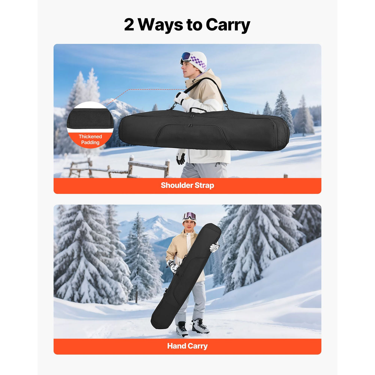 Snowboard Bag, Up to 65 in/165 cm, Padded Skis & Snowboards Bag for Air Travel, 600D Waterproof Oxford Fabric, with Adjustable Inner Straps, for Skis Poles Goggles Gloves Helmet Boots (Black)