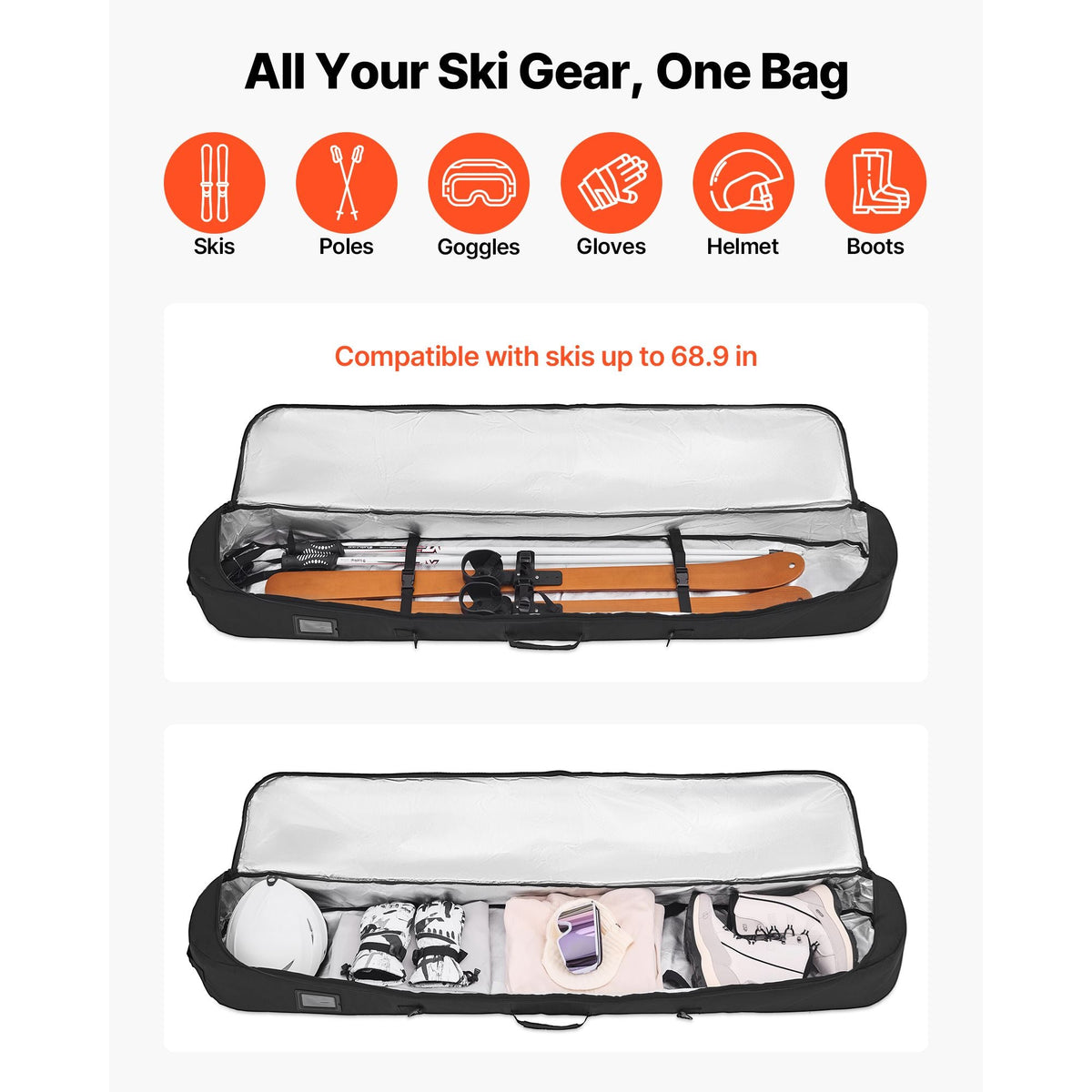 Snowboard Bag, Up to 65 in/165 cm, Padded Skis & Snowboards Bag for Air Travel, 600D Waterproof Oxford Fabric, with Adjustable Inner Straps, for Skis Poles Goggles Gloves Helmet Boots (Black)