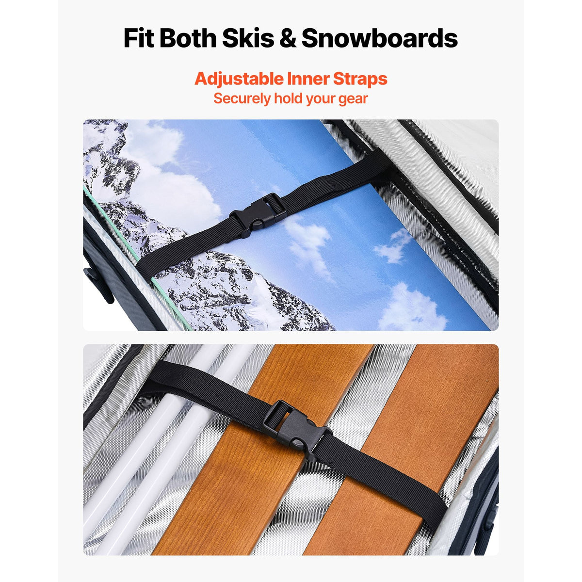 Snowboard Bag, Up to 65 in/165 cm, Padded Skis & Snowboards Bag for Air Travel, 600D Waterproof Oxford Fabric, with Adjustable Inner Straps, for Skis Poles Goggles Gloves Helmet Boots (Gray)