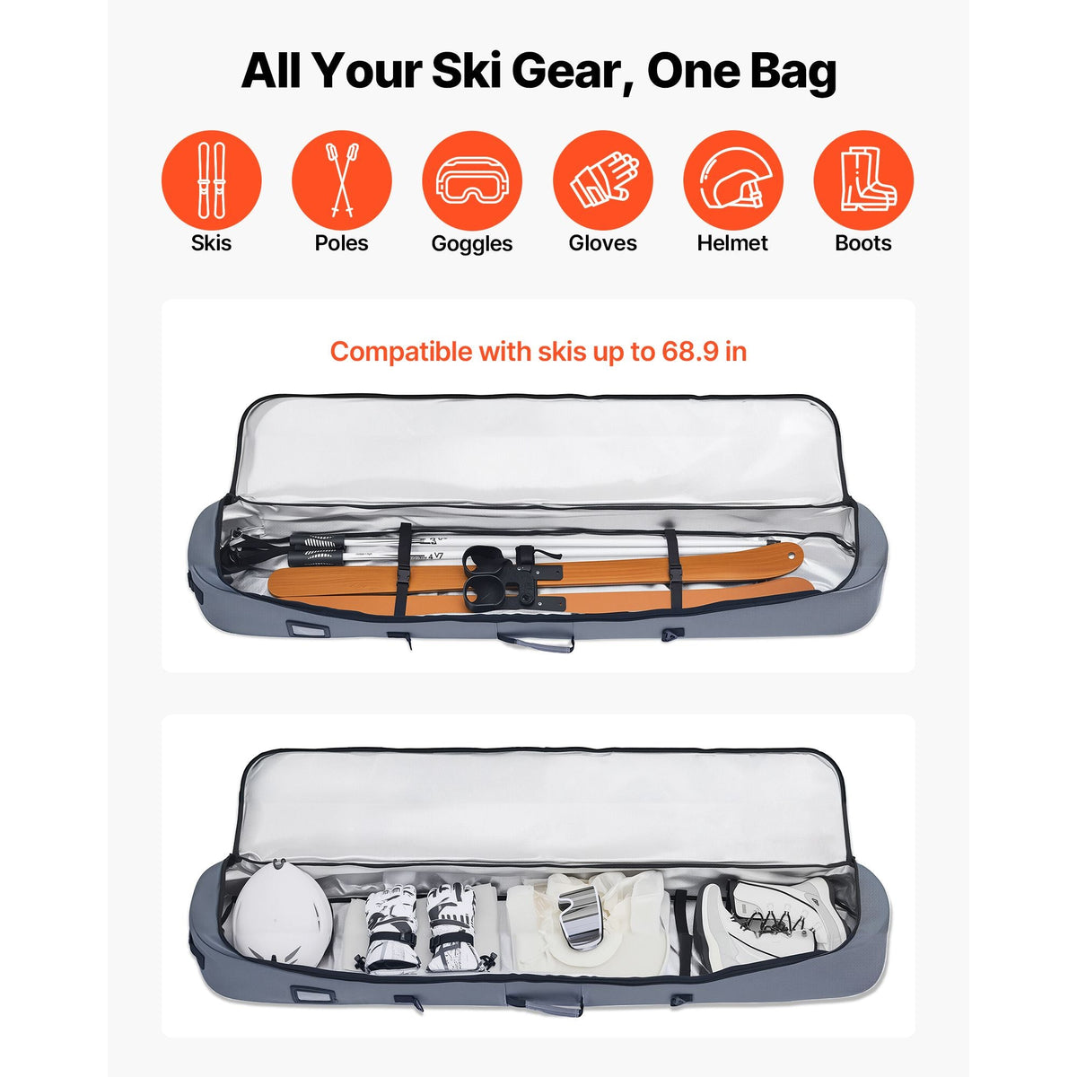 Snowboard Bag, Up to 65 in/165 cm, Padded Skis & Snowboards Bag for Air Travel, 600D Waterproof Oxford Fabric, with Adjustable Inner Straps, for Skis Poles Goggles Gloves Helmet Boots (Gray)