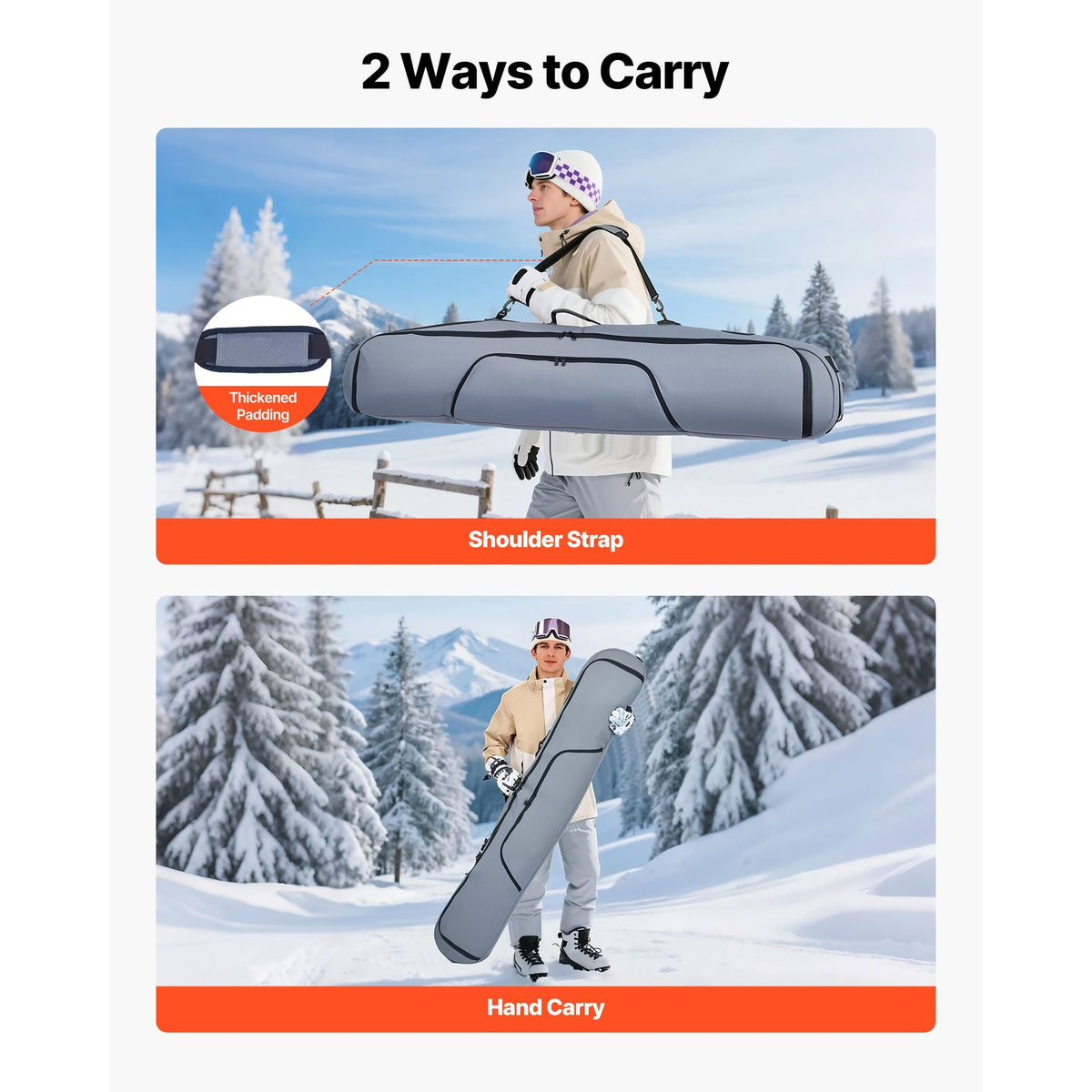 Snowboard Bag, Up to 65 in/165 cm, Padded Skis & Snowboards Bag for Air Travel, 600D Waterproof Oxford Fabric, with Adjustable Inner Straps, for Skis Poles Goggles Gloves Helmet Boots (Gray)