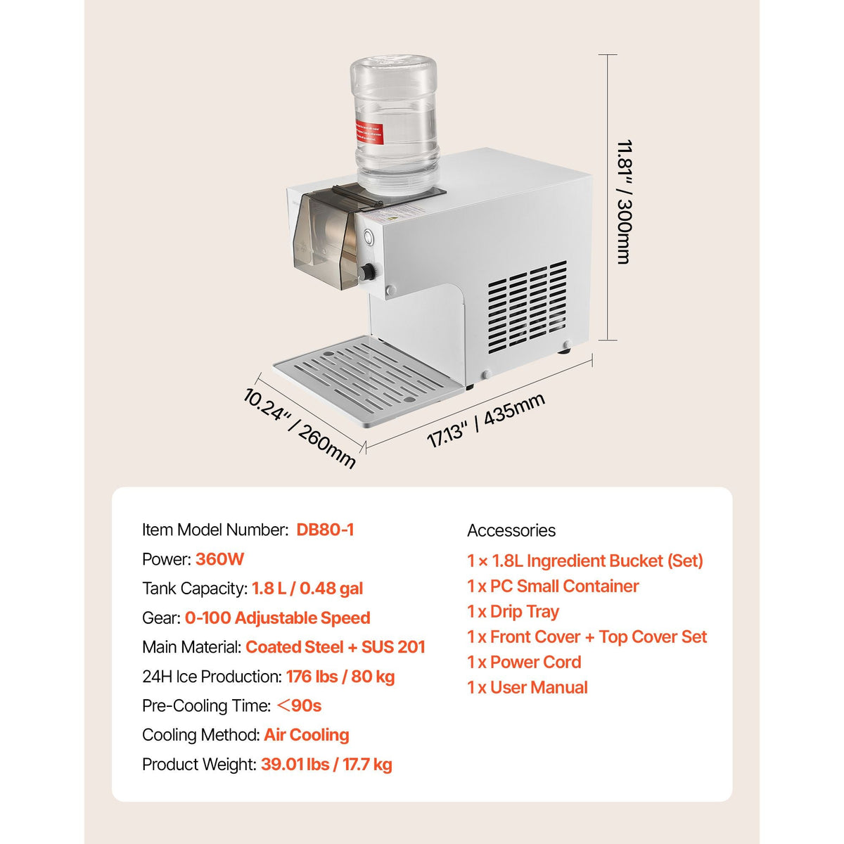 Snowflake Ice Machine, 176LBS/24H Snowflake Ice Maker, Ice-Shaver Machine with Stainless Steel Blade, Electric Snow Cone Maker with 0.48Gal Tank, 90S Fast Pre-Cooling, for Home & Small Gathering