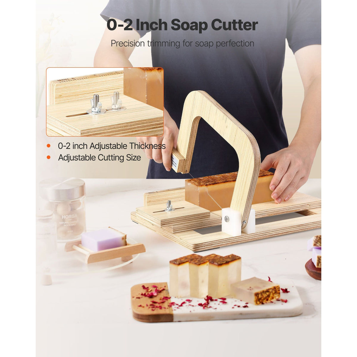 Soap Cutter, 0-2 inch Adjustable Thickness, Wood Soap Slicer with Stainless Steel Adjustable Wire Tension, with Extra Wires, Multi Handmade Cutter for Candles, DIY Making Cutting Tool