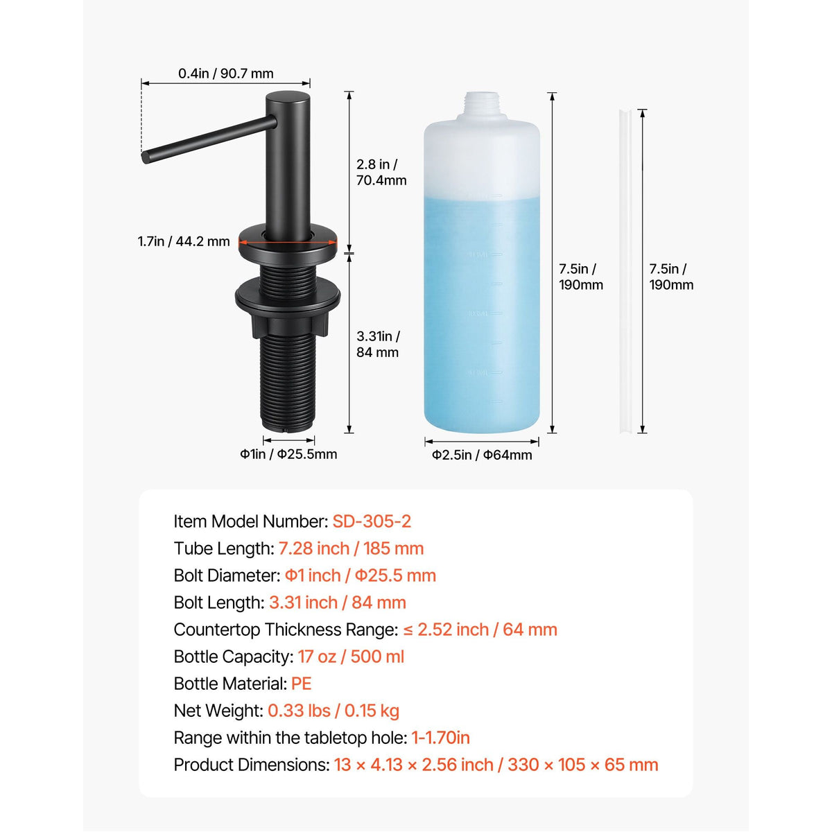 Soap Dispenser for Kitchen Sink, Stainless Steel Built in Sink Soap Dispenser with 17OZ Refillable Bottle, Countertop Dish Soap-Dispenser with 360° Rotation Pump Head, for Kitchen Bathroom
